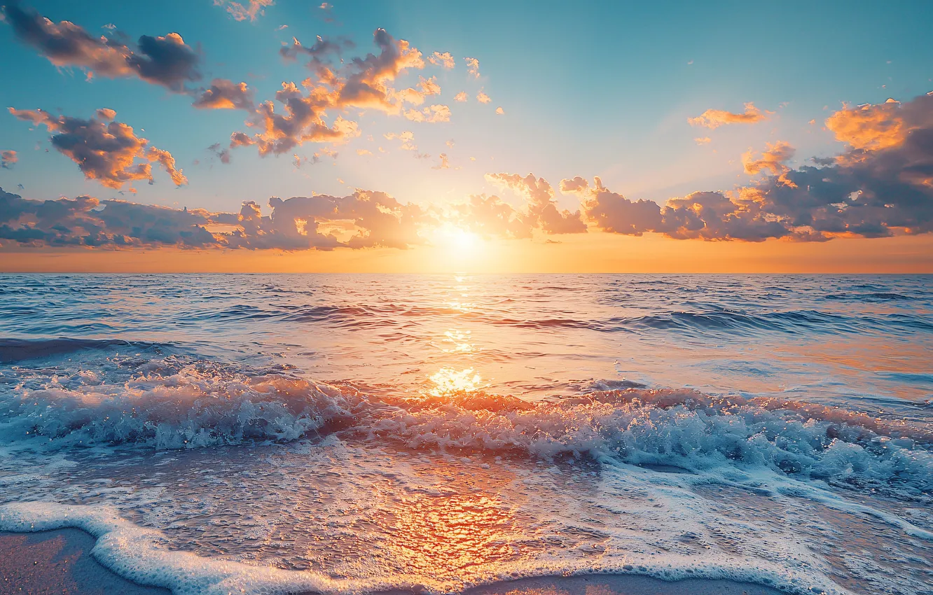 Photo wallpaper sea, wave, the sky, the sun, clouds, light, landscape, nature