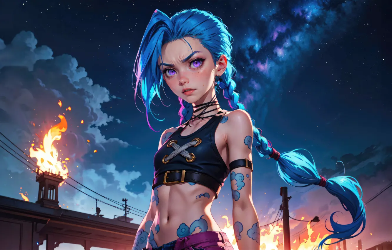 Photo wallpaper look, girl, stars, clouds, night, flame, smoke, tattoo