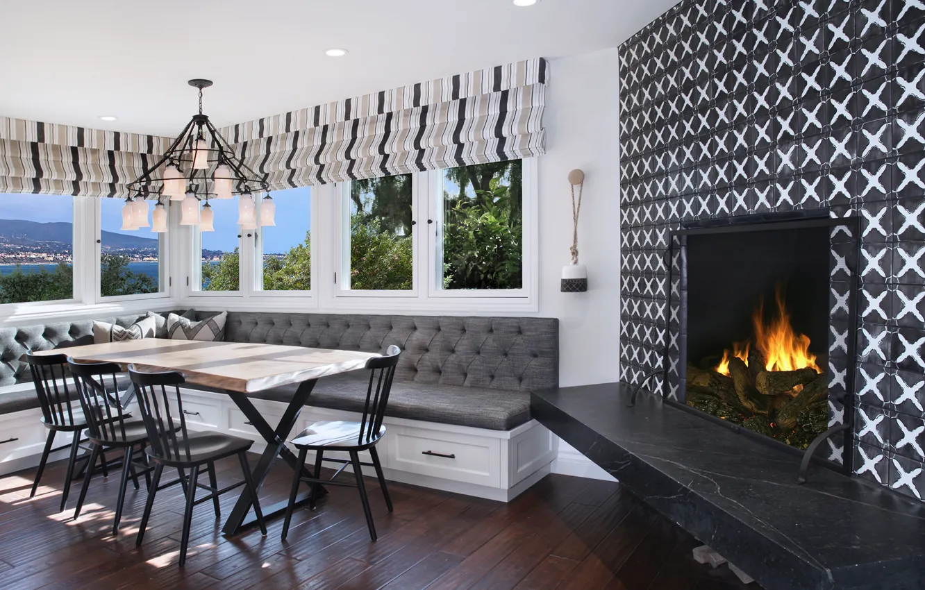 Photo wallpaper window, chandelier, fireplace, living room