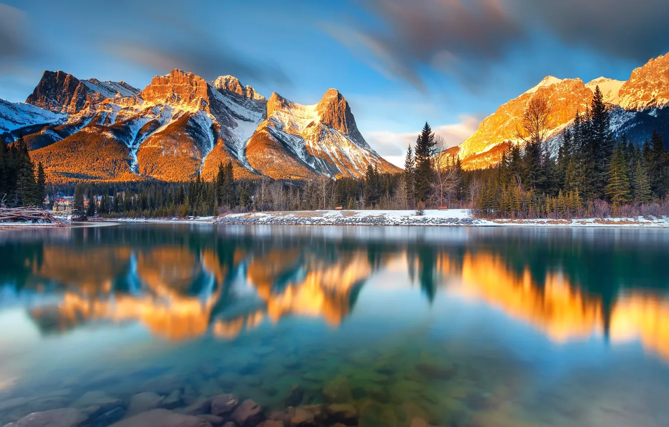 Photo wallpaper forest, mountains, lake, river, morning, Canada, Albert, Canmore