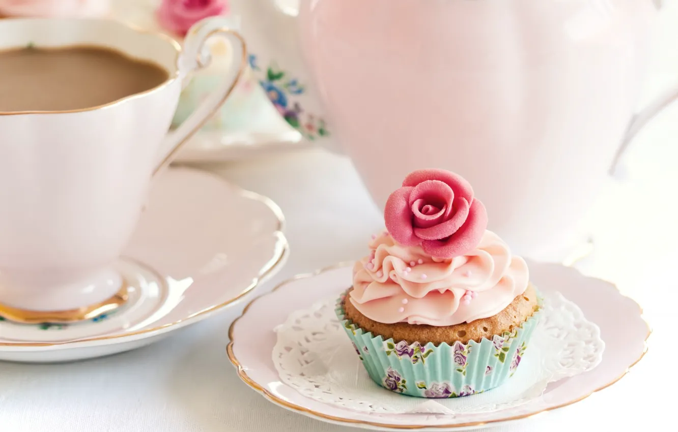 Photo wallpaper coffee, cream, cupcakes, rosette, muffin