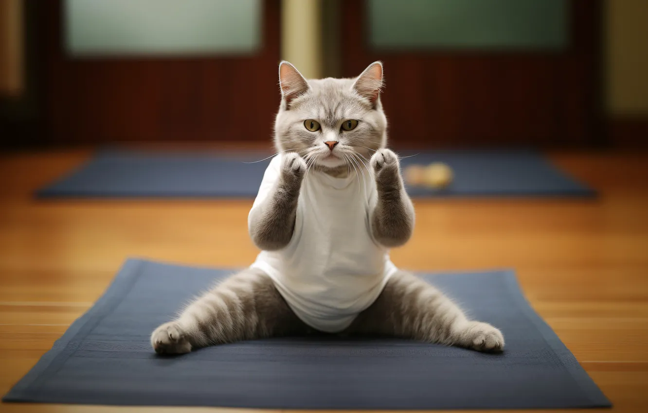 Photo wallpaper cat, cat, look, pose, grey, sport, legs, Mike