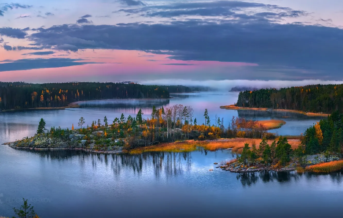 Photo wallpaper autumn, forest, the sky, lake, Karelia, Fedor Lashkov