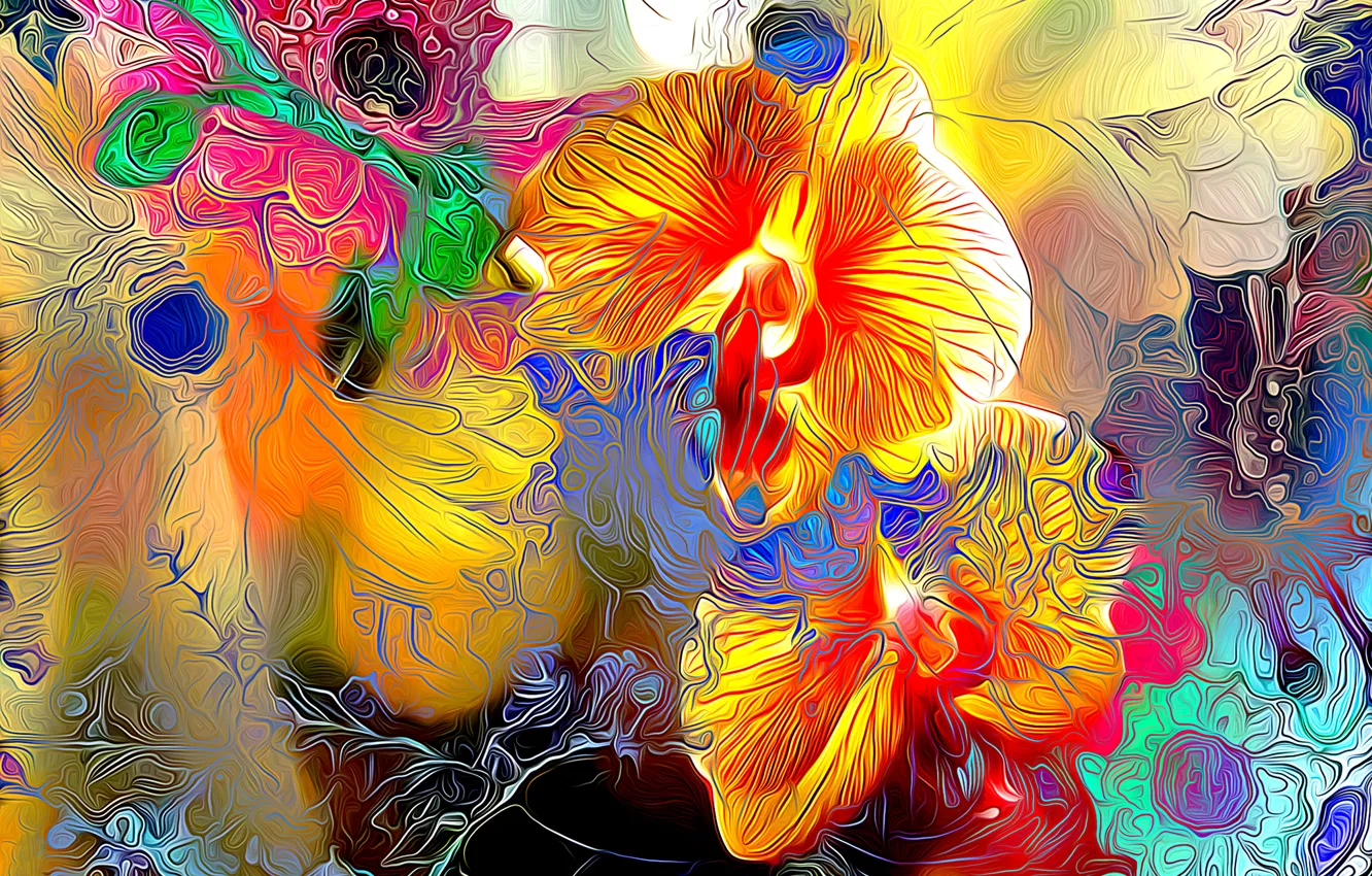 Photo wallpaper line, flowers, rendering, paint, plant, petals, garden, meadow