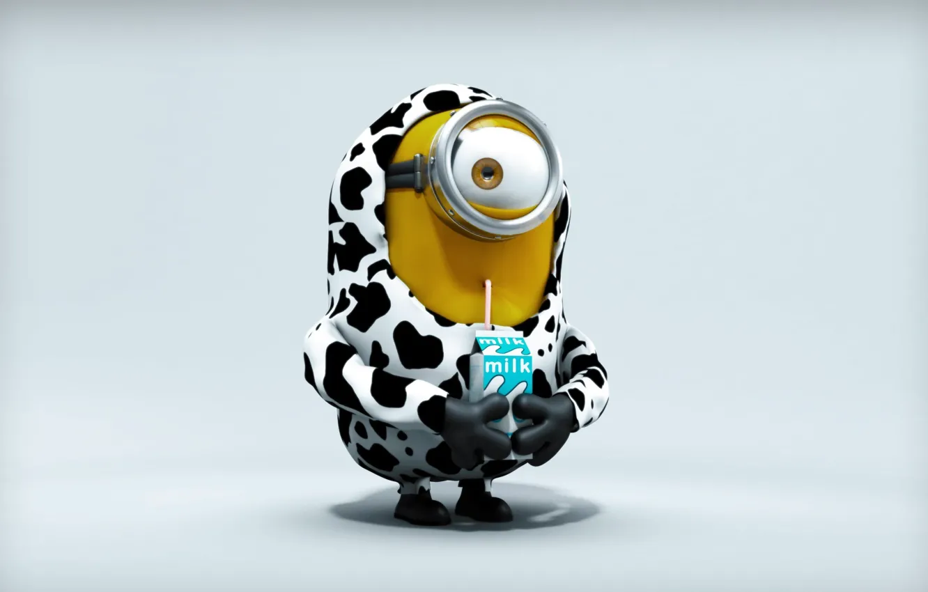 Photo wallpaper fantasy, yellow, kitty, milk, gloves, cow, straw, Minion