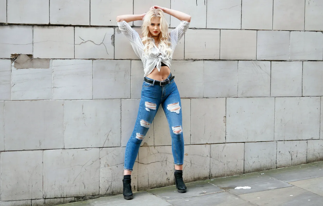 Photo wallpaper style, wall, model, jeans, blonde