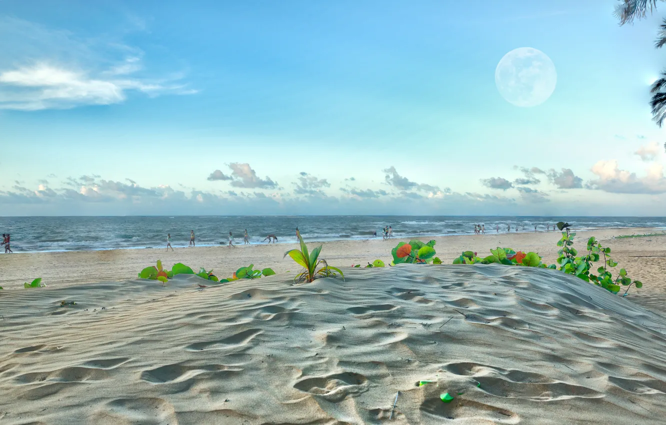 Photo wallpaper sand, sea, beach, the sky, clouds, the moon, people