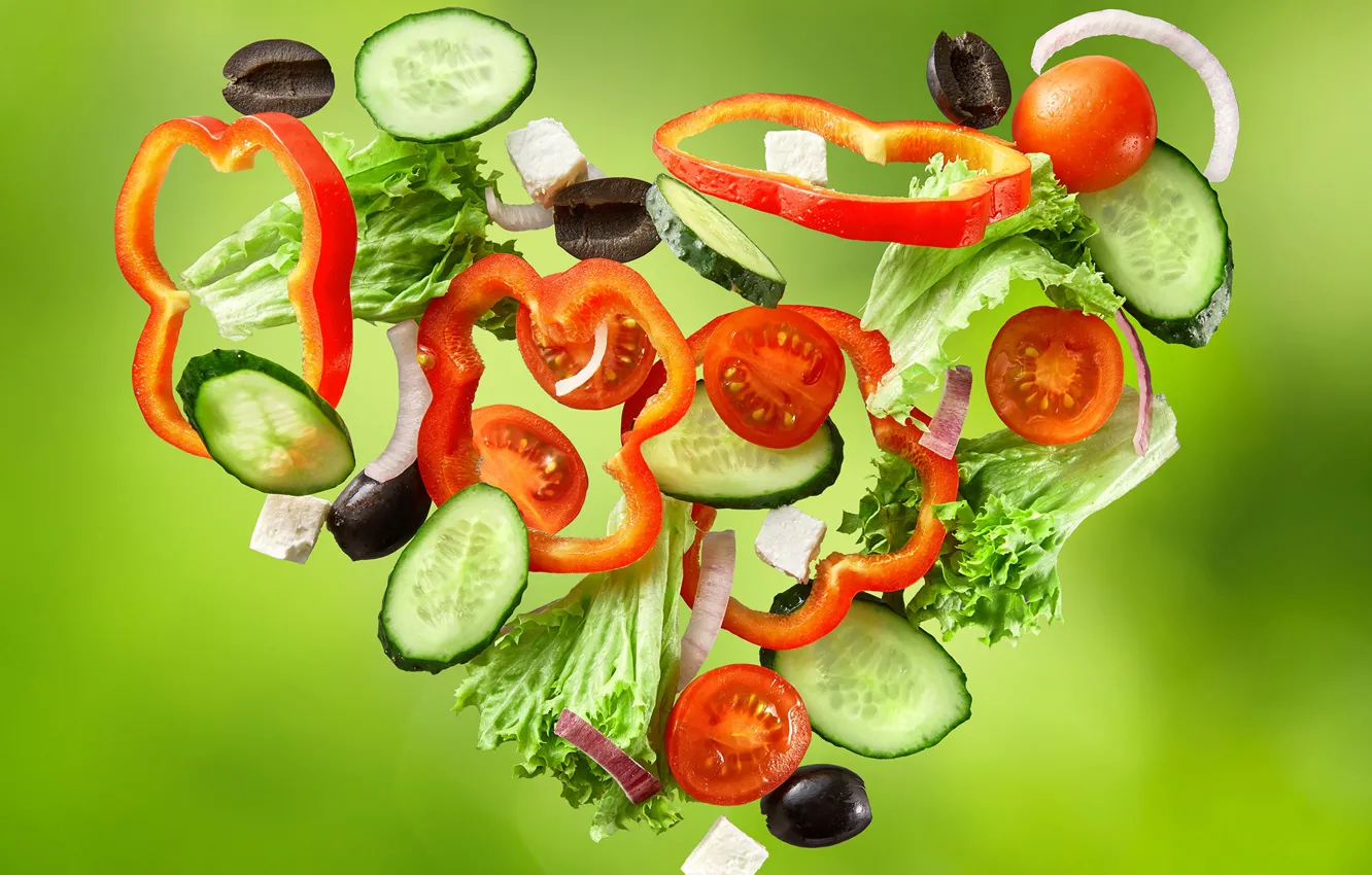 Photo wallpaper cheese, pepper, vegetables, tomatoes, olives, salad