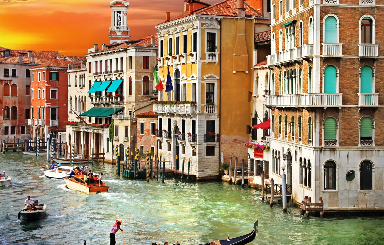 Photo wallpaper the sky, water, clouds, landscape, sunset, nature, the city, Italy