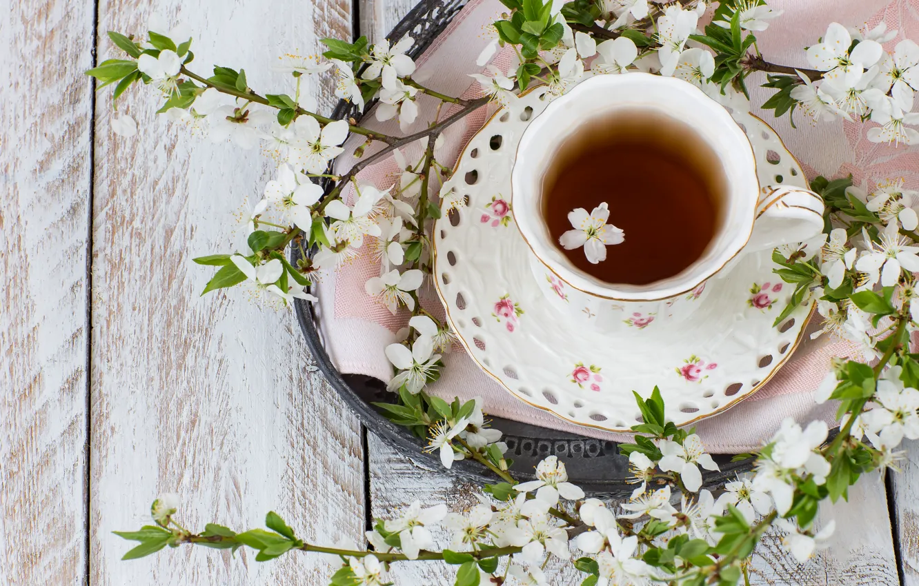 Photo wallpaper spring, flowering, blossom, flowers, cup, spring, tea, Cup of tea