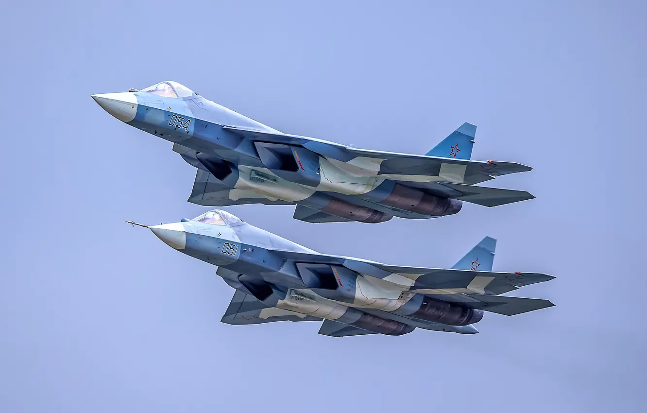Photo wallpaper flight, pair, T-50, Videoconferencing Russia, Su-57, Su-57, multi-role fighter