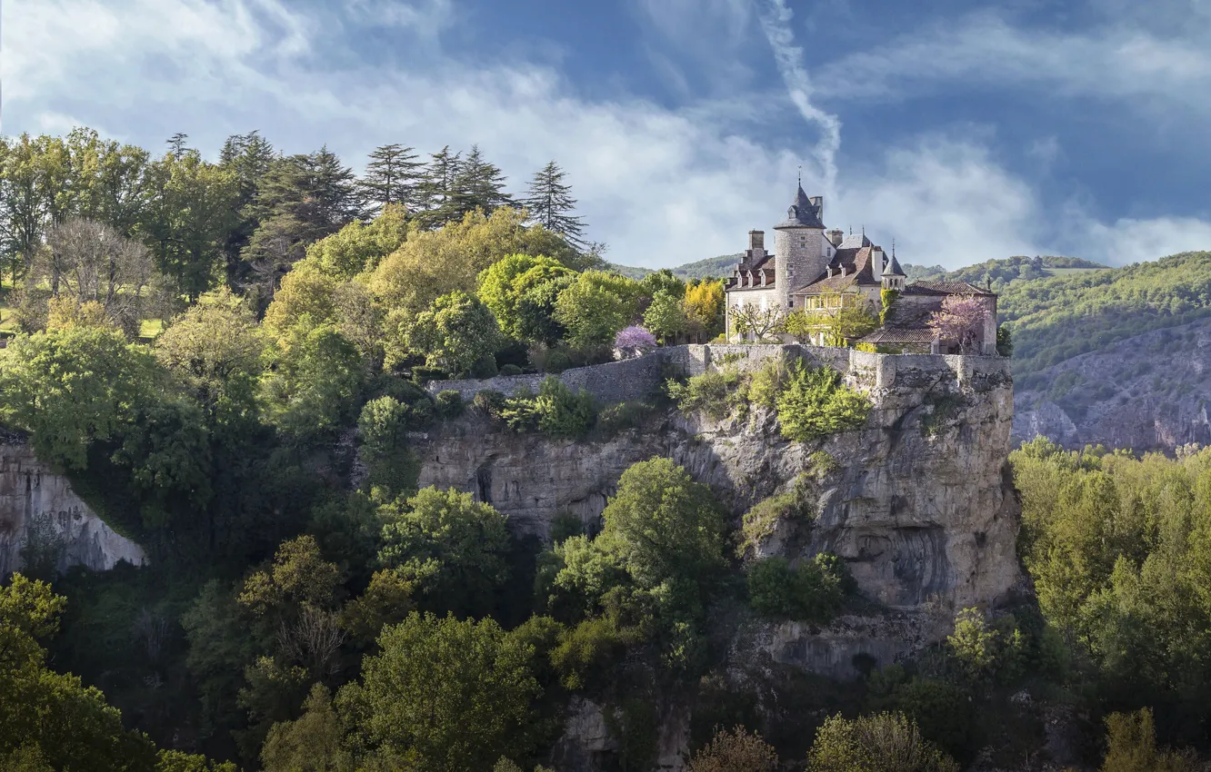 Photo wallpaper forest, clouds, trees, mountains, blue, castle, rocks, France