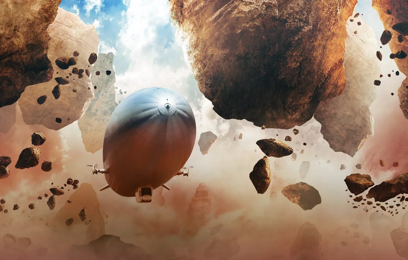 Photo wallpaper the sky, clouds, flight, stones, the airship, around globe
