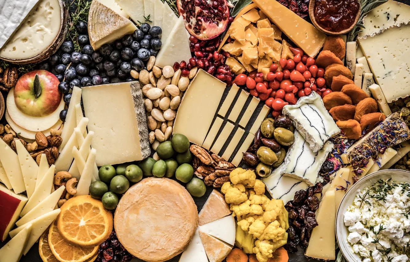 Photo wallpaper orange, cheese, nuts, olives, almonds, garnet, blueberries, cuts
