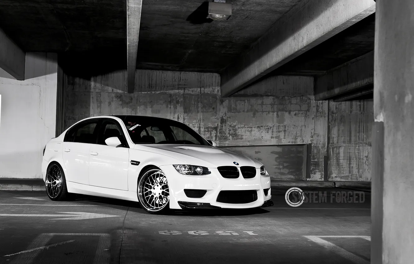 Photo wallpaper white, BMW, BMW, Parking, white, the front part, E90, system forged
