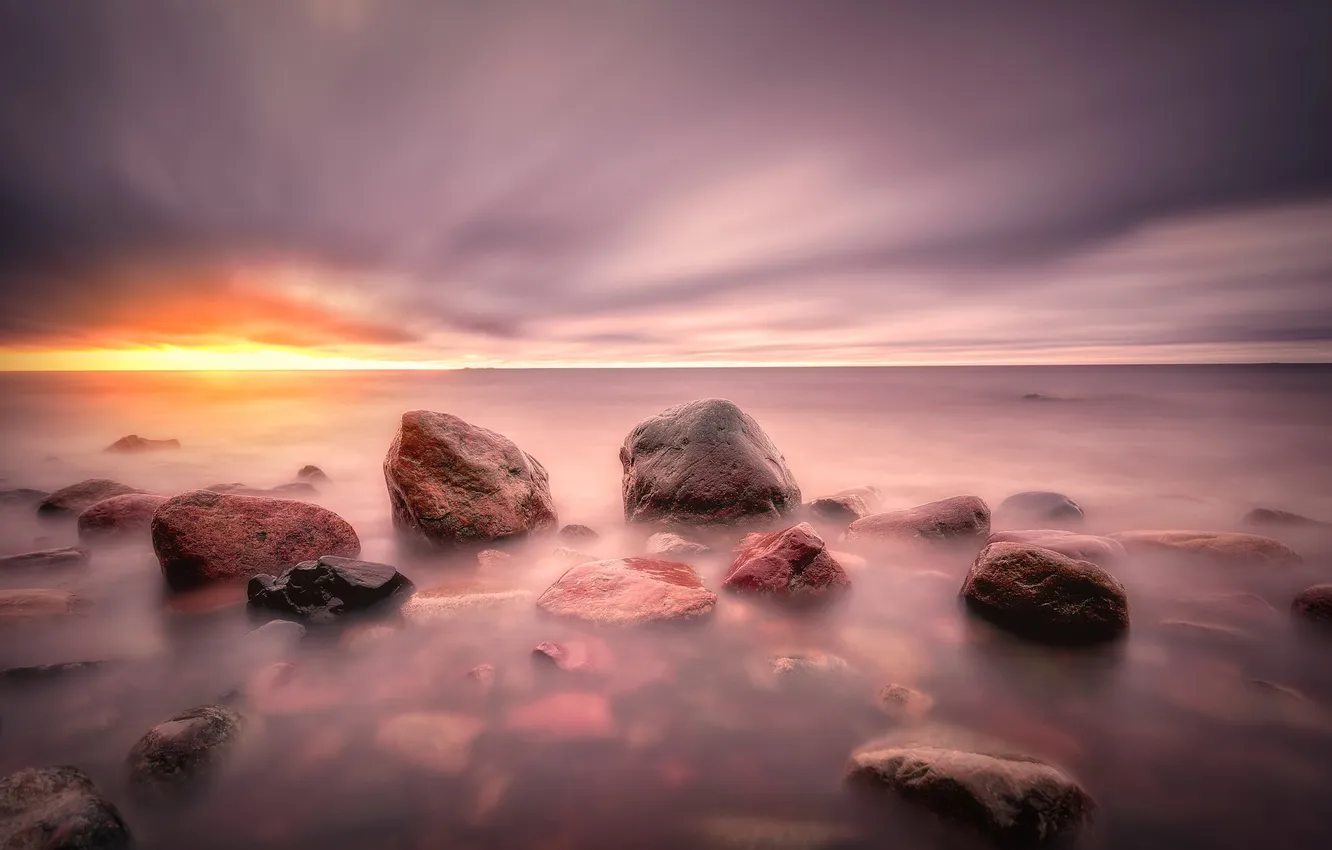 Photo wallpaper sea, sunset, stones