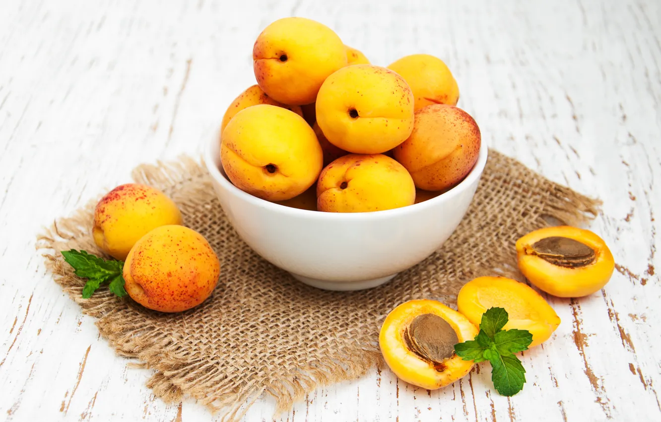 Photo wallpaper table, bowl, fruit, ripe, apricots, Olena Rudo