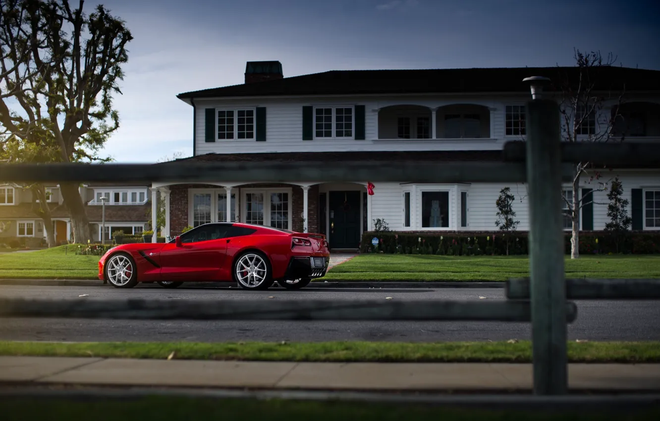 Photo wallpaper Corvette, Chevrolet, House, Red, Car, Street, Sport, Stingray