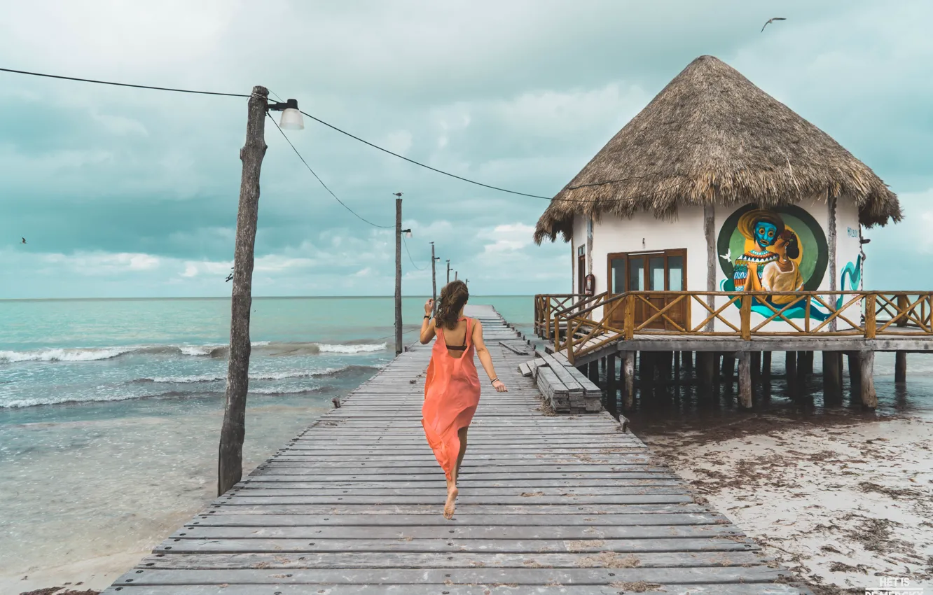 Photo wallpaper sea, girl, Mexico, hut, Mexico, Cloudy Day, Isla Holbox, Cloudy day