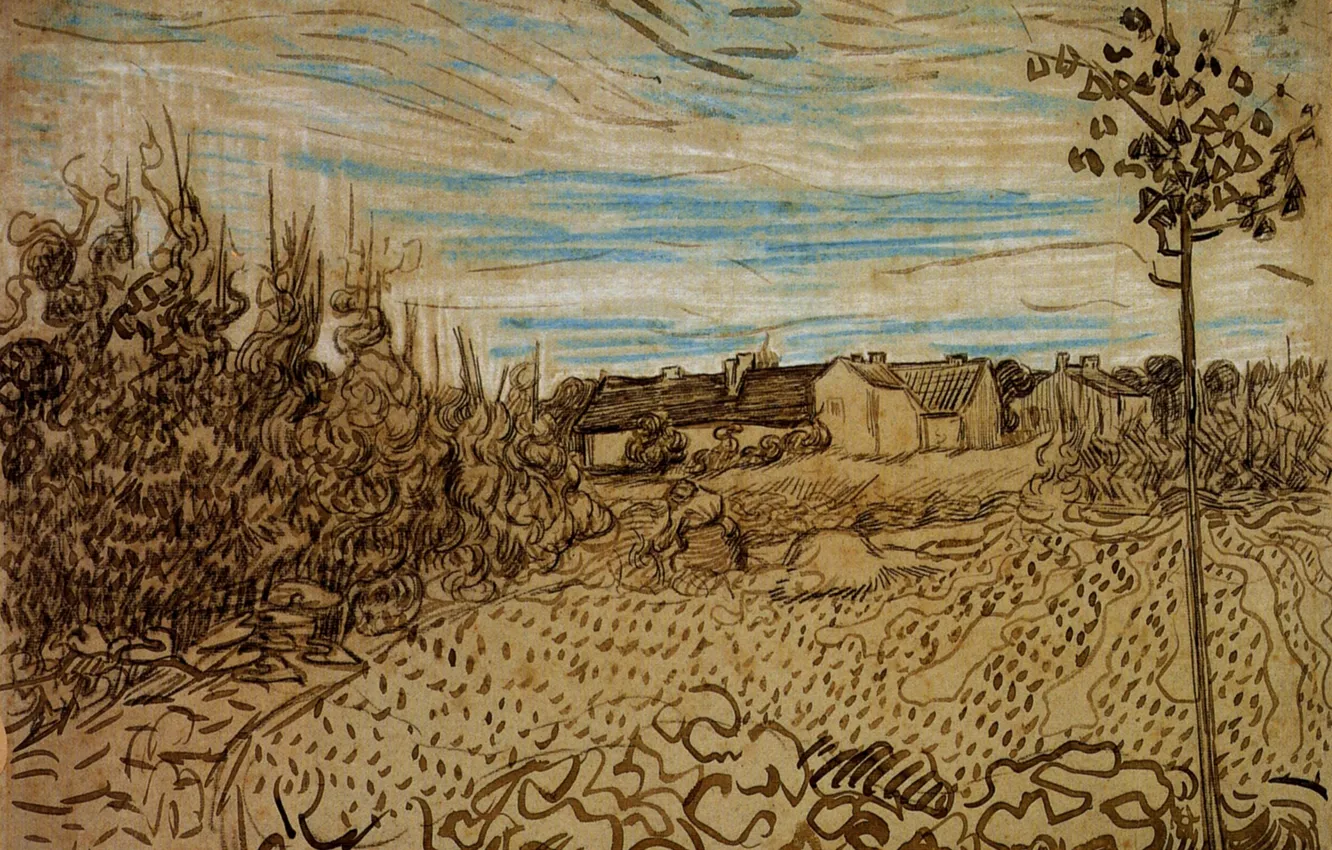 Photo wallpaper Vincent van Gogh, Working in the Foreground, Cottages with a Woman