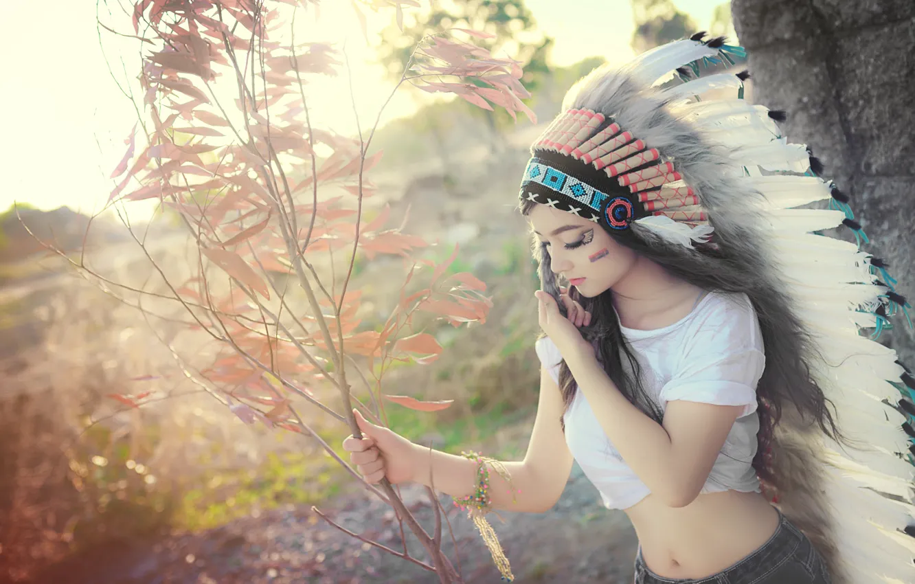 Photo wallpaper summer, girl, nature, face, style, feathers, coloring, headdress