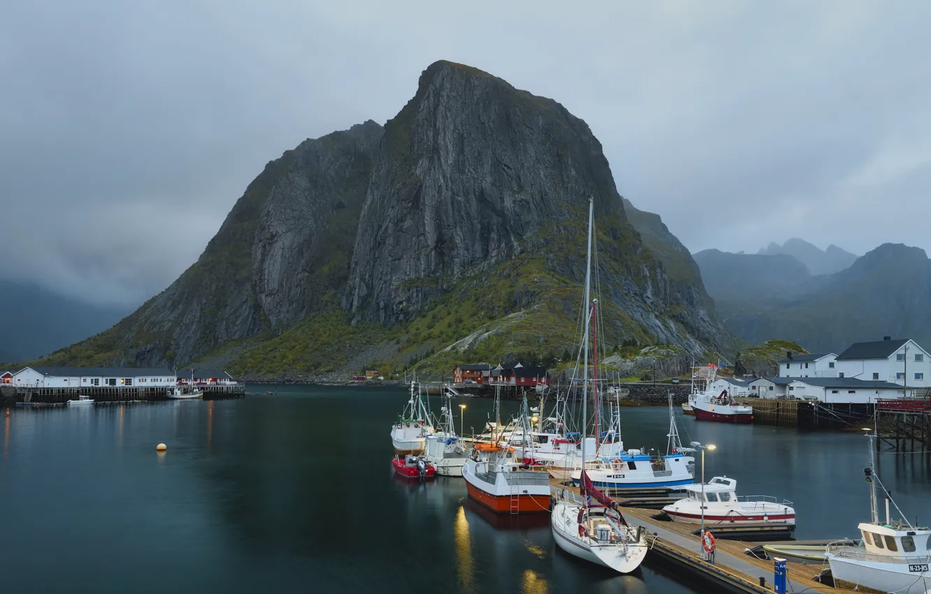 Photo wallpaper sea, landscape, mountains, nature, boat, village, Norway, The Lofoten Islands