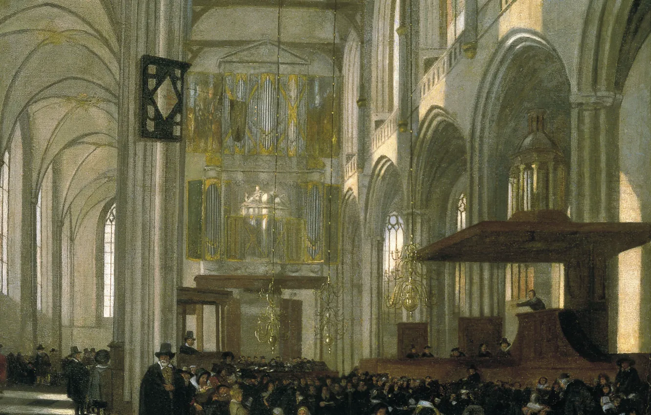 Photo wallpaper Emanuel de Witte, Interior of the Nieuwe, ca1658, Dutch painting., During a Service, Kerk in …