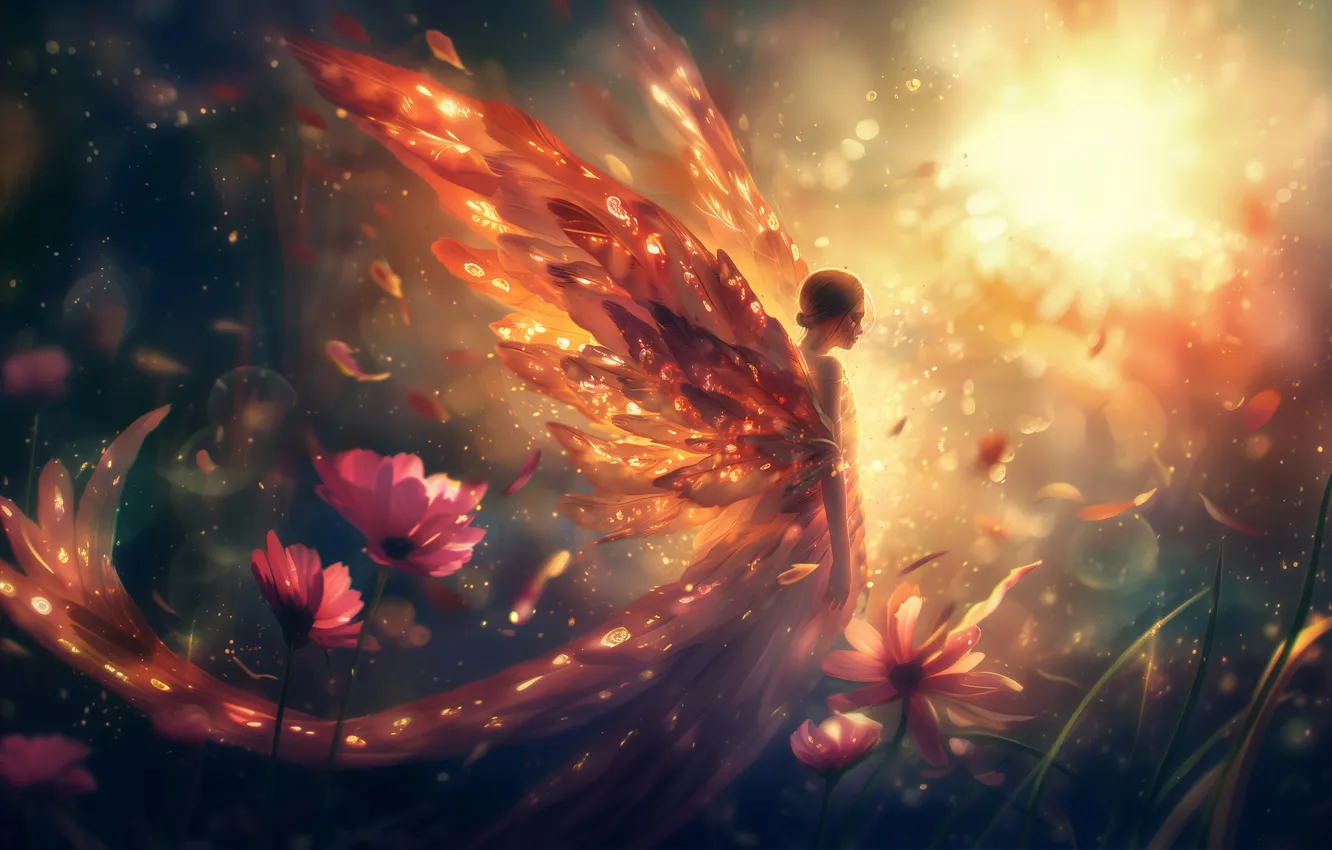 Photo wallpaper girl, flowers, dawn, wings, fairy, digital art, AI art, The Art of Artificial Intelligence