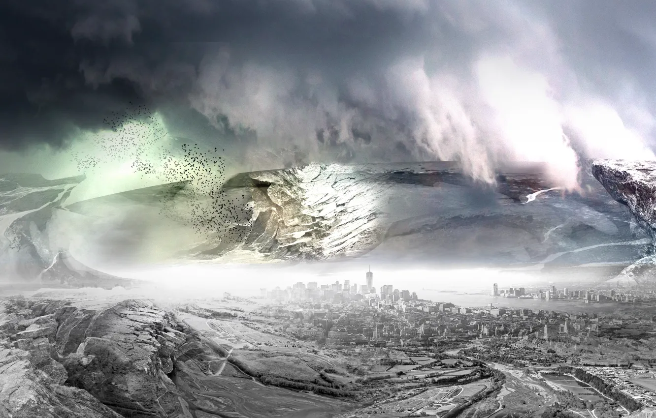 Photo wallpaper clouds, mountains, the city, fog, rocks, bird, view, haze