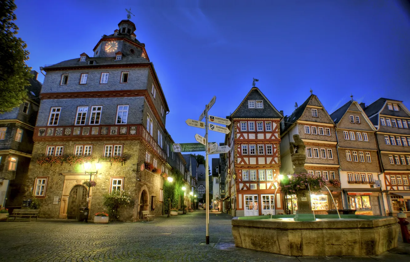 Photo wallpaper night, home, lights, index, fountain, Germany, Herborn, Place