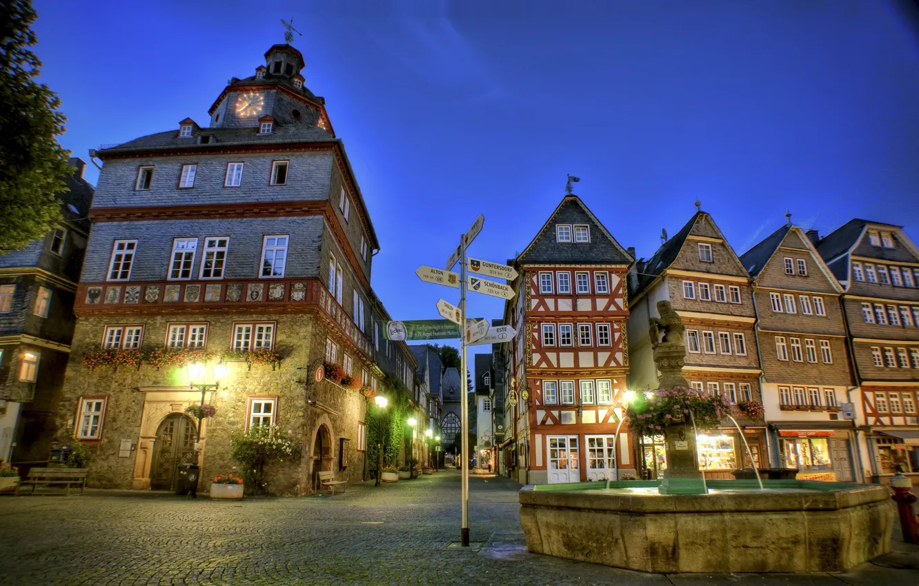 Photo wallpaper night, home, lights, index, fountain, Germany, Herborn, Market