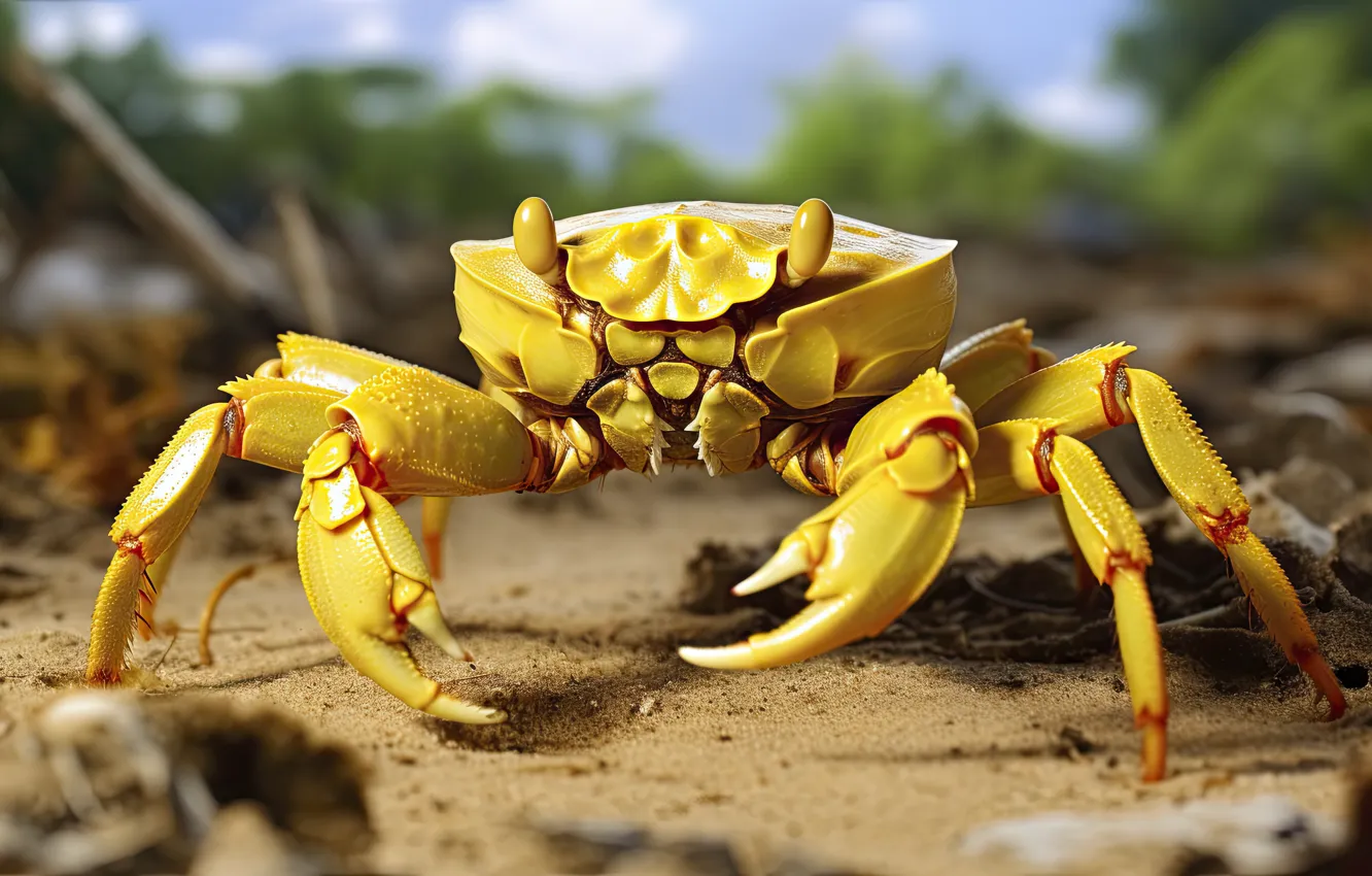 Photo wallpaper look, shore, crab, sea, claws, AI art, neural network