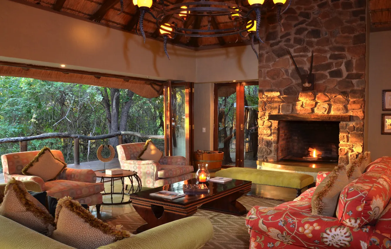 Photo wallpaper design, style, interior, Africa, fireplace, living room, private safari lodge, family villa