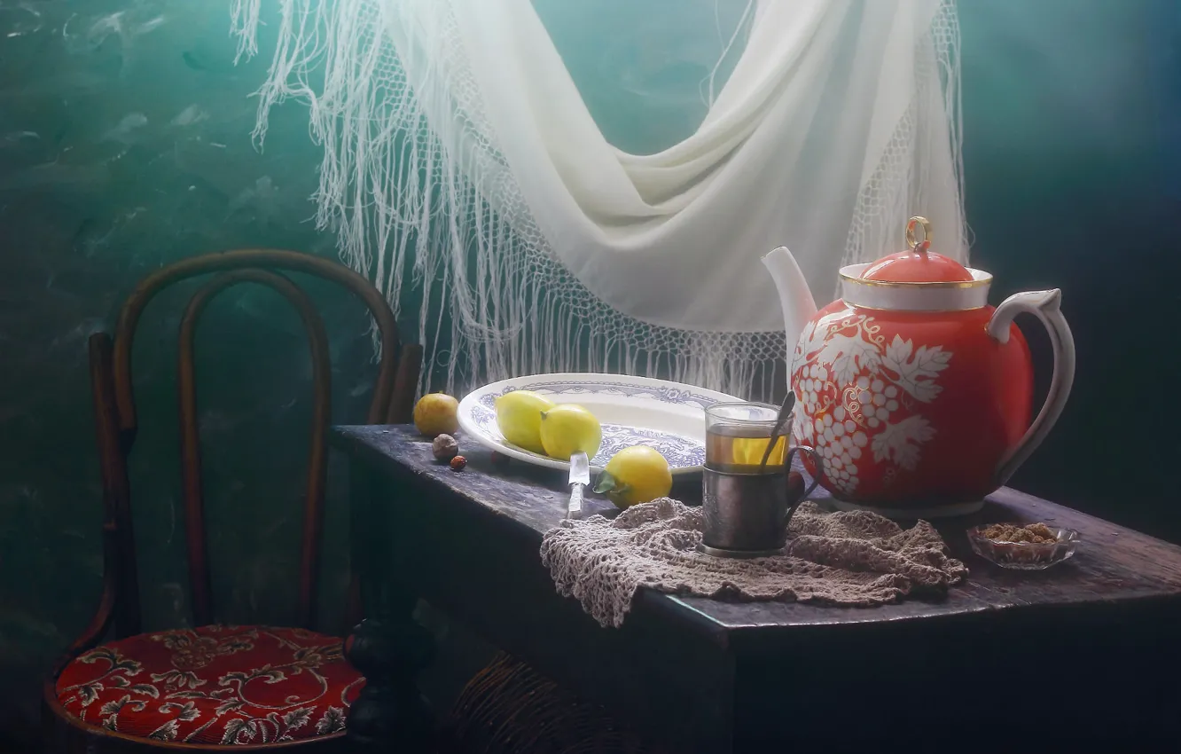 Photo wallpaper light, glass, table, lemon, tea, kettle, plate, chair