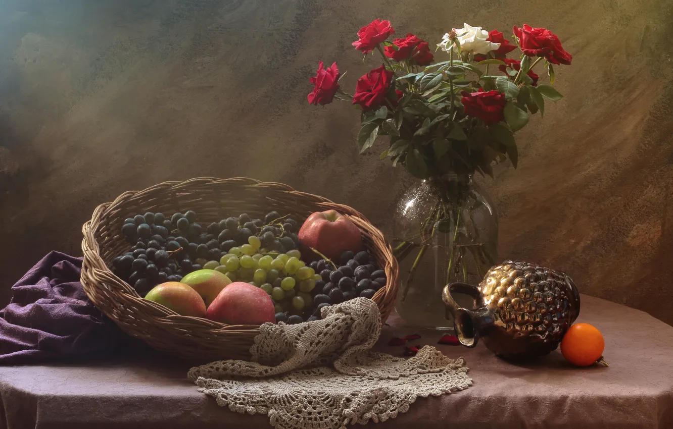Photo wallpaper roses, bouquet, fruit, still life