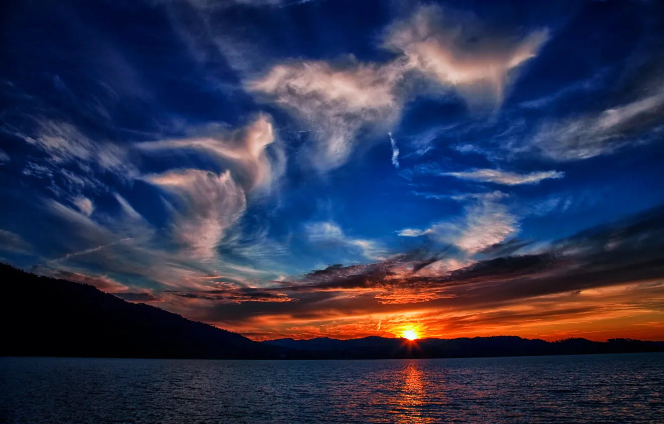 Photo wallpaper sea, the sky, the sun, clouds, sunset, mountains