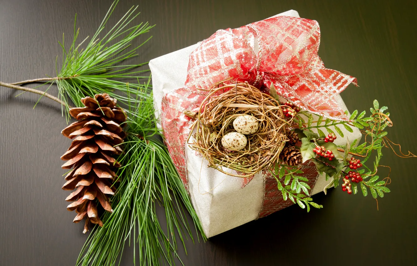Photo wallpaper box, gift, eggs, branch, New Year, Christmas, socket, bow