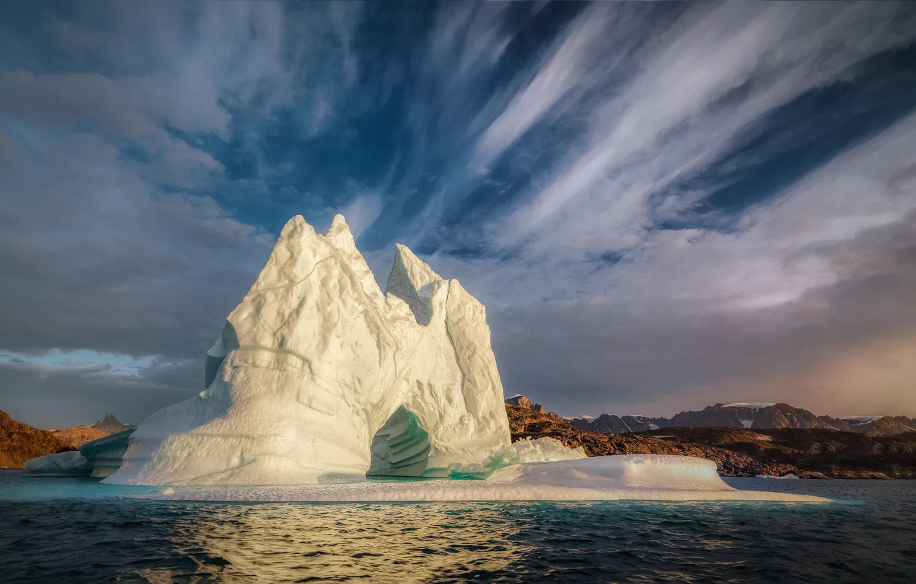 Photo wallpaper sea, clouds, iceberg, floe, the fjord, Greenland, Greenland, Scoresby Sound