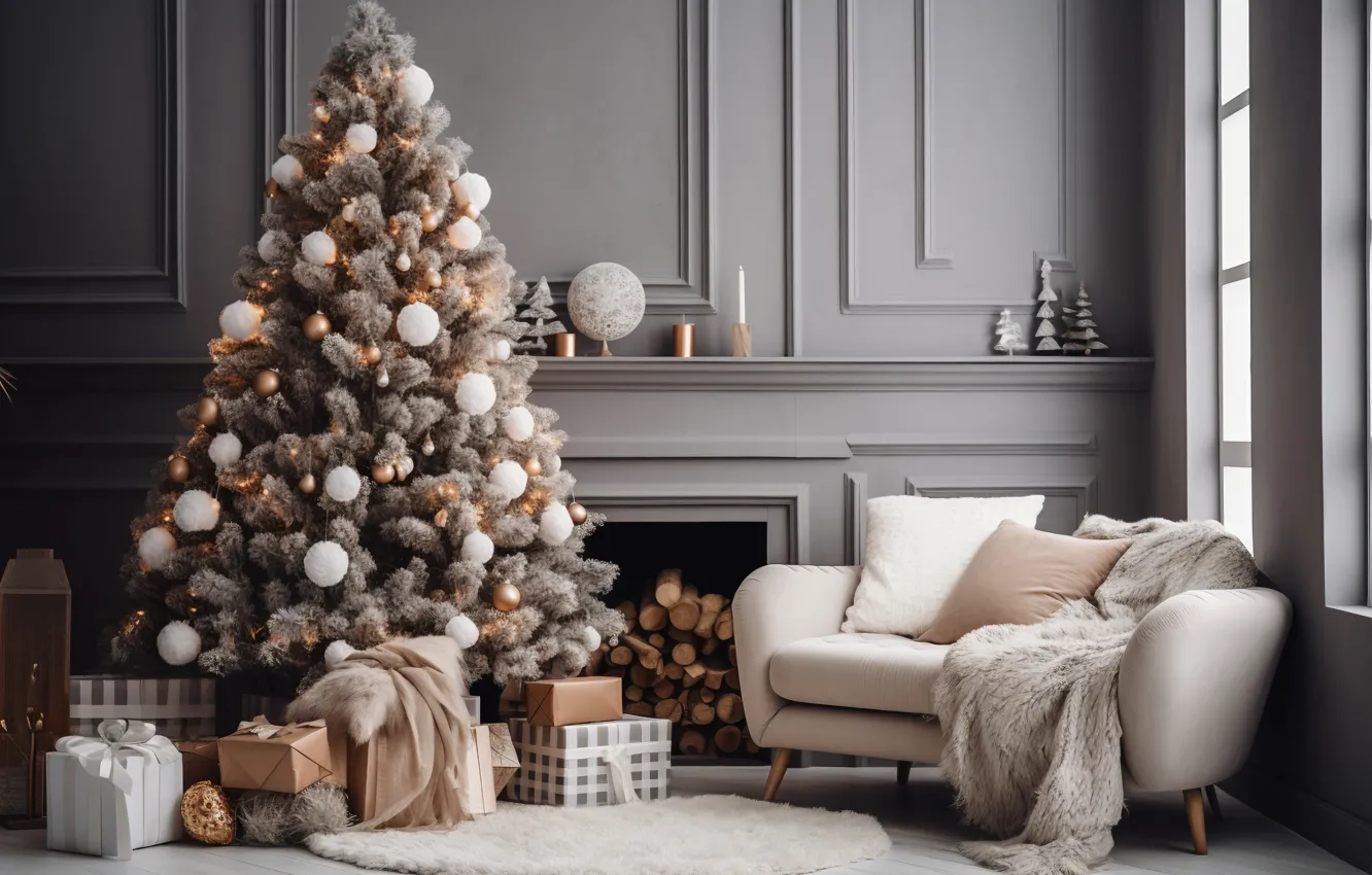 Photo wallpaper decoration, house, room, sofa, balls, tree, interior, New Year