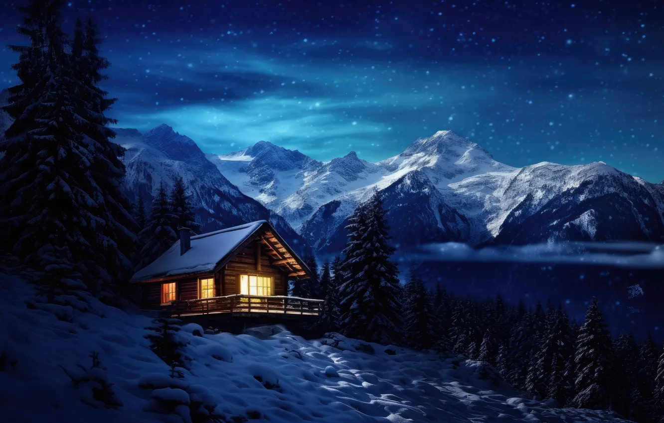 Photo wallpaper winter, forest, snow, mountains, night, nature, house, house