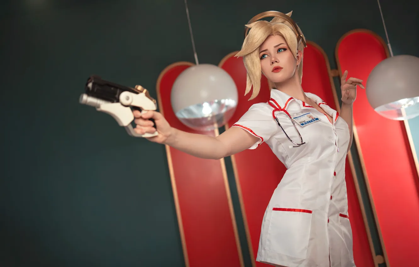 Photo wallpaper pistol, blue eyes, model, women, cosplay, blonde, standing, Doctor