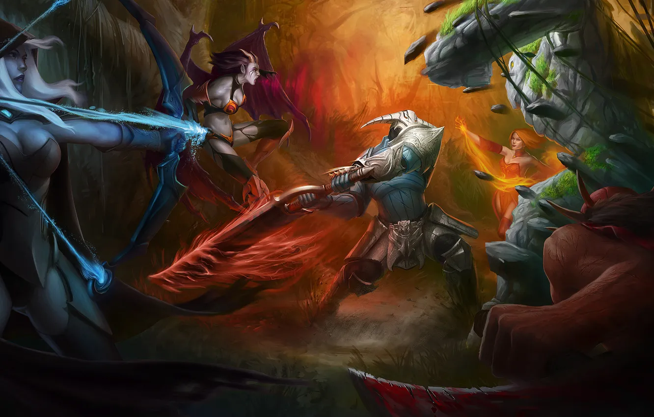 Photo wallpaper art, the battle, demoness, queen, Akasha, dota 2, Drow Ranger