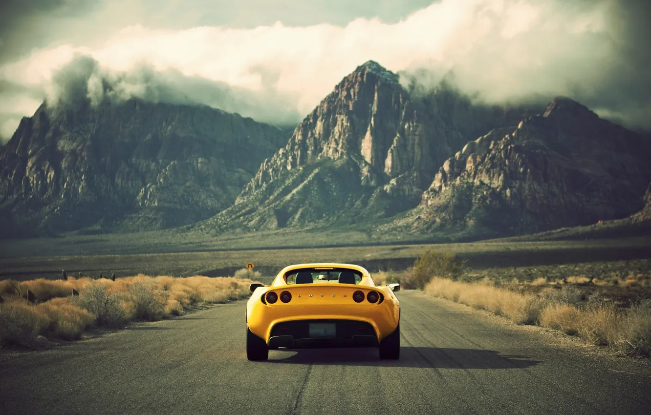Photo wallpaper road, machine, mountains, yellow, Wallpaper, Lotus, Cars