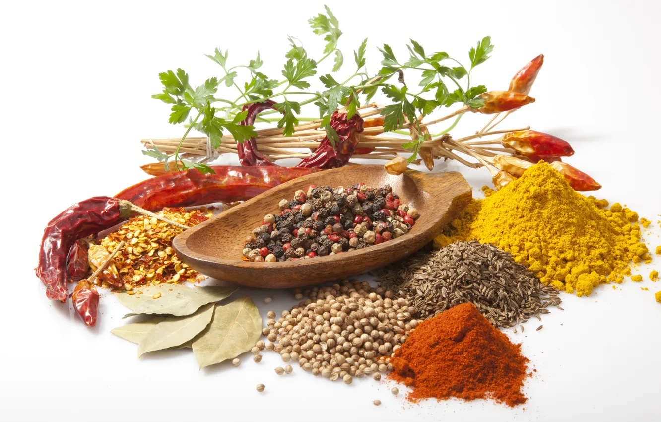 Photo wallpaper bowl, spices, seasoning, black pepper, red pepper, curry, cilantro