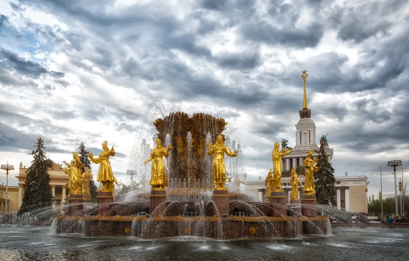 Photo wallpaper the sky, clouds, design, Moscow, fountain, ENEA, Russia, sculpture