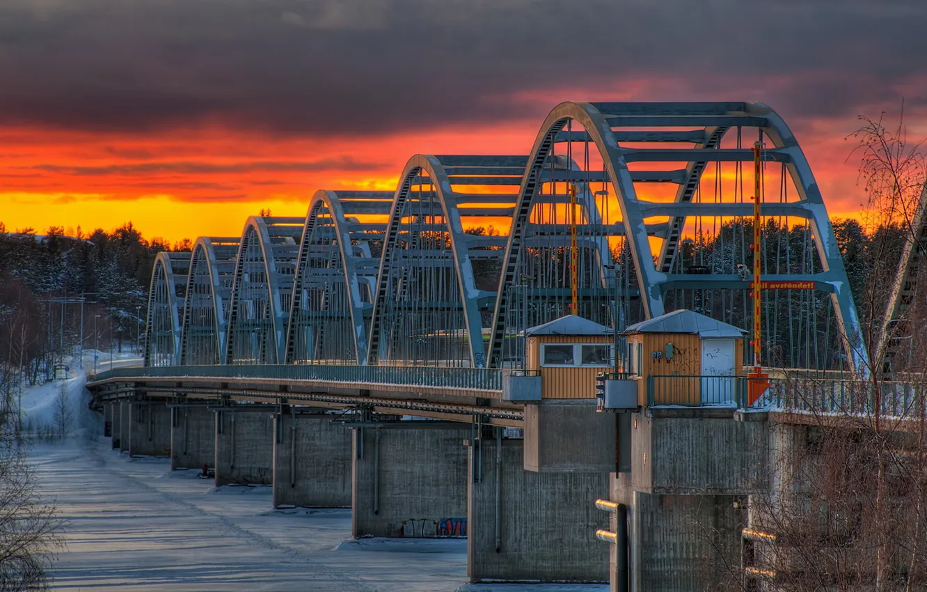 Photo wallpaper landscape, sunset, bridge, river