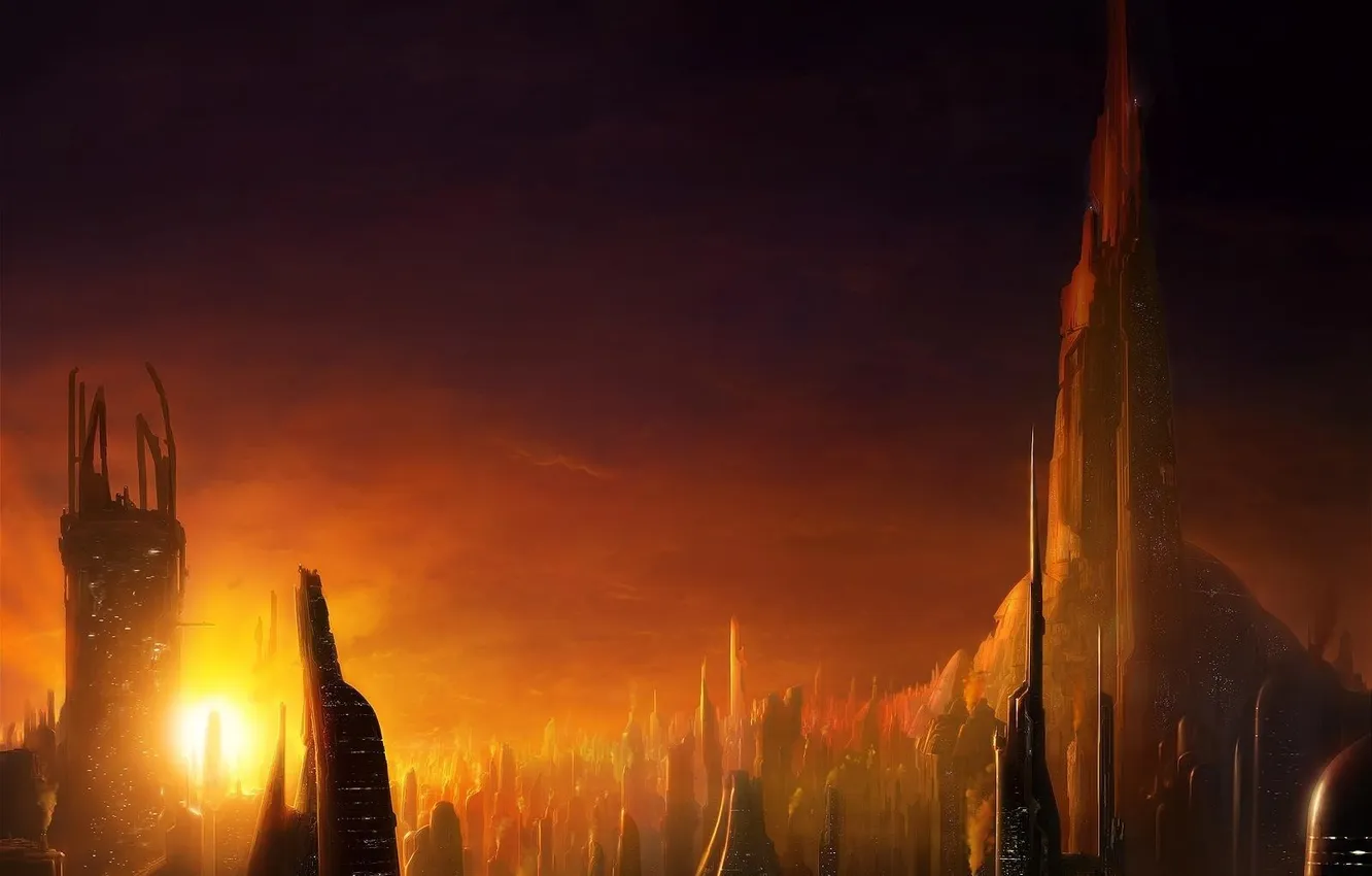 Photo wallpaper the sun, sunset, the city, building, the evening