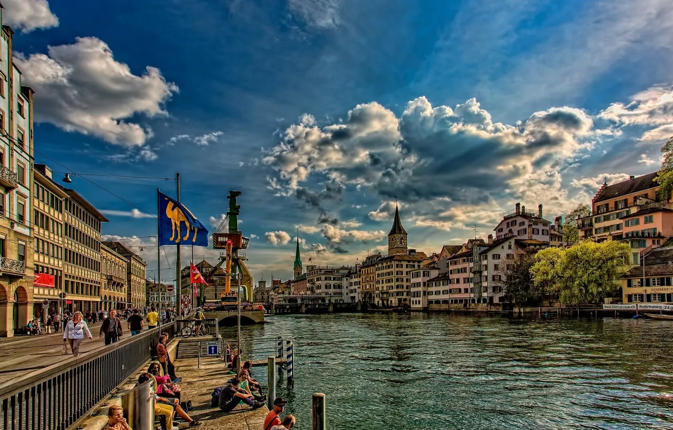 Photo wallpaper building, Switzerland, promenade, Switzerland, Zurich, Zurich, the Limmat river, Limmat river