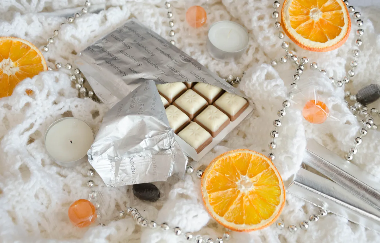 Photo wallpaper white, holiday, new year, orange, chocolate, candles, Christmas, candy