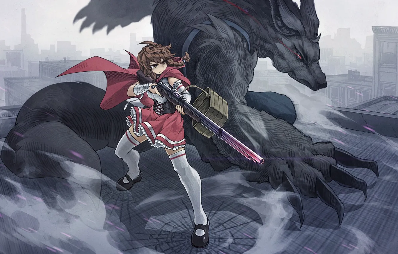 Photo wallpaper girl, weapons, dragon